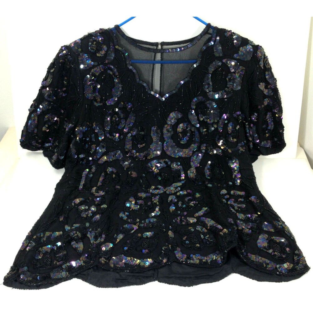 Vintage Laurence Kazar Black Silk Beaded Embroidered Formal Fancy Top Women's 1X